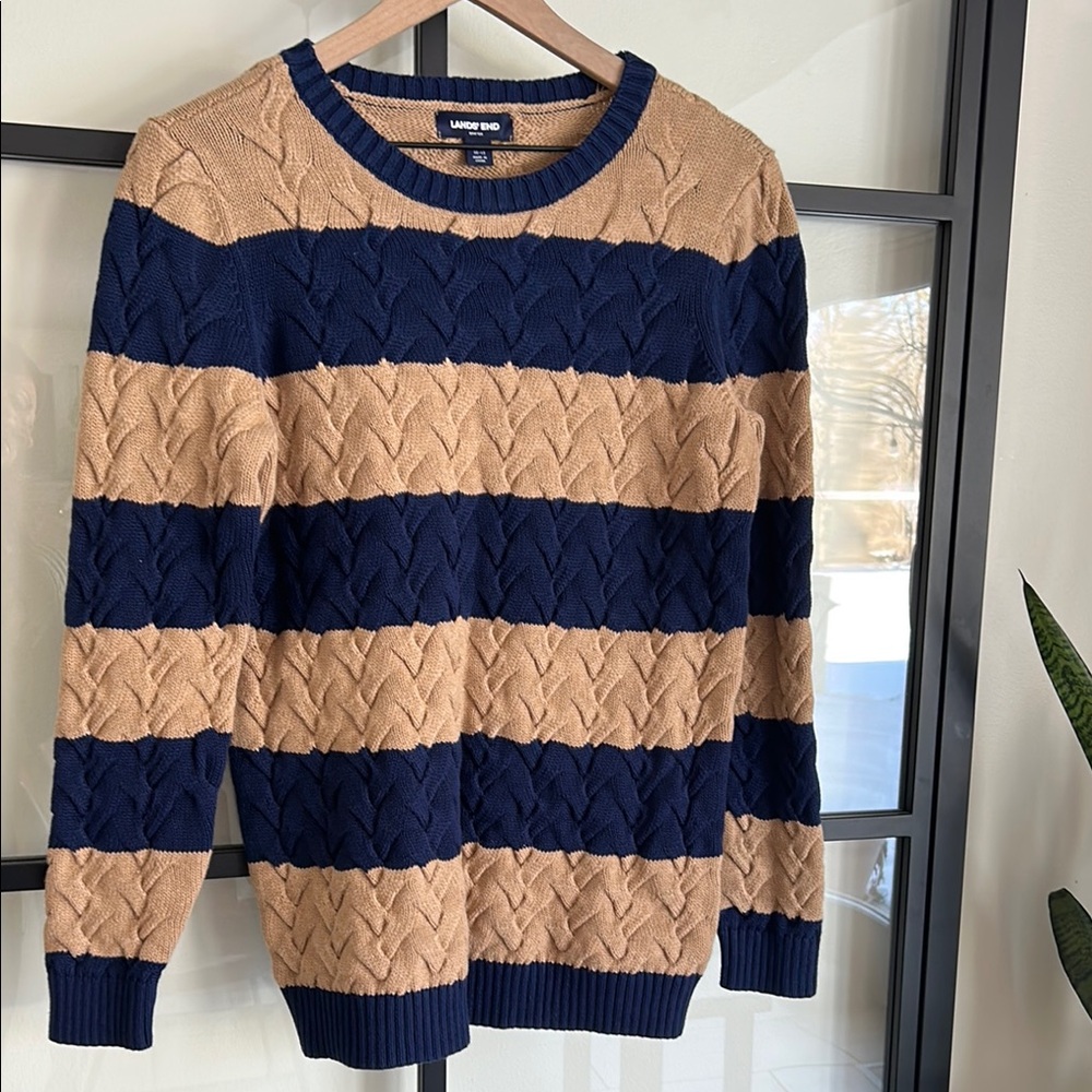 Lands' End Cable Knit Crew Neck Sweater in Blue and Tan